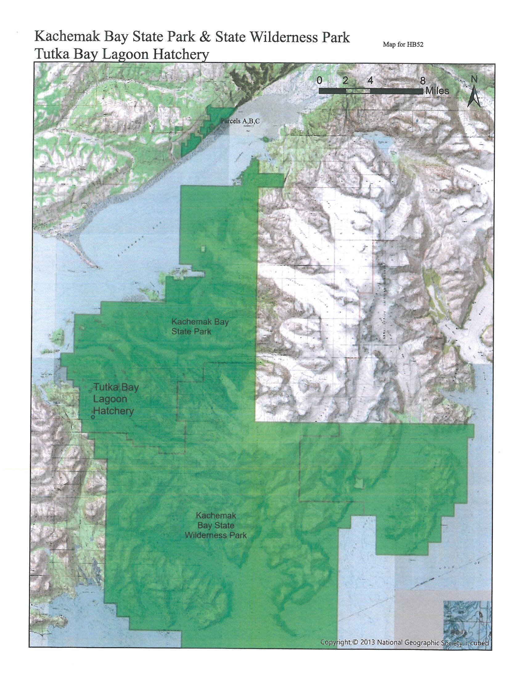 A map of Kachemak Bay State Park showing proposed land additions A, B and C in House Bill 52 and the Tutka Bay Lagoon Hatchery. (Map courtesy of Alaska State Parks)