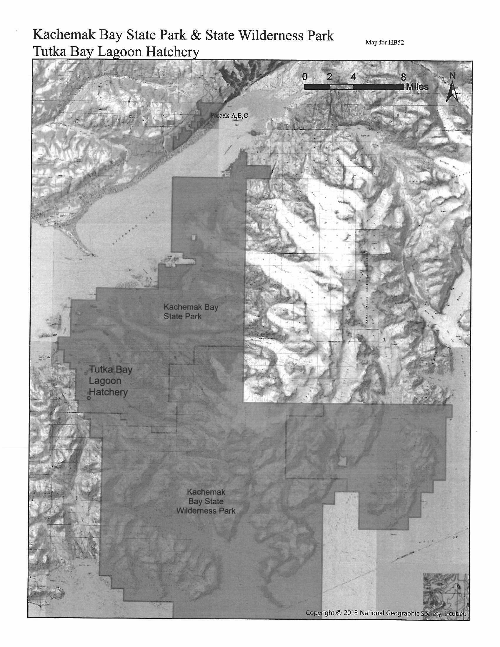 Map courtesy of Alaska State Parks
A map of Kachemak Bay State Park shows proposed land additions A, B and C in House Bill 52 and the Tutka Bay Lagoon Hatchery.