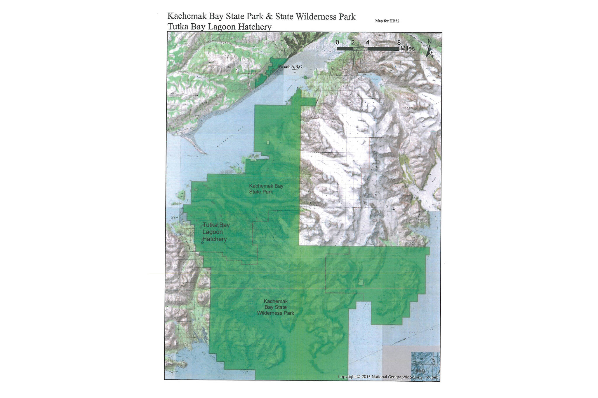 A map of Kachemak Bay State Park showing proposed land additions A, B and C in House Bill 52 and the Tutka Bay Lagoon Hatchery. (Map courtesy of Alaska State Parks)
