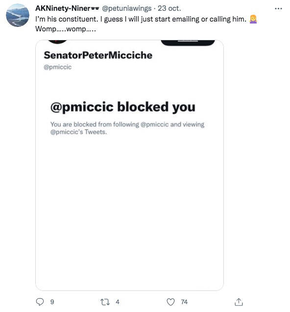 Bethany Wortham, under the Twitter handle @petuniawings, posts that Sen. Peter Micciche, R-Soldotna, blocked her account on Oct. 23, 2021. Wortham sued Micciche for blocking her account but has decided to drop the lawsuit. (Screenshot)