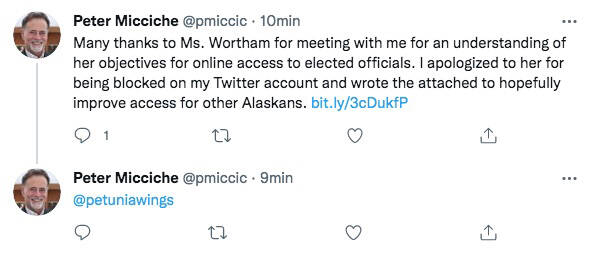 Sen. Peter Micciche, R-Soldotna, posts an apology to a constituent, Bethany Wortham, on Wednesday, Nov. 17, 2021 after she sued the lawmaker for blocking her on Twitter. Wortham has decided to drop the lawsuit. (Screenshot)