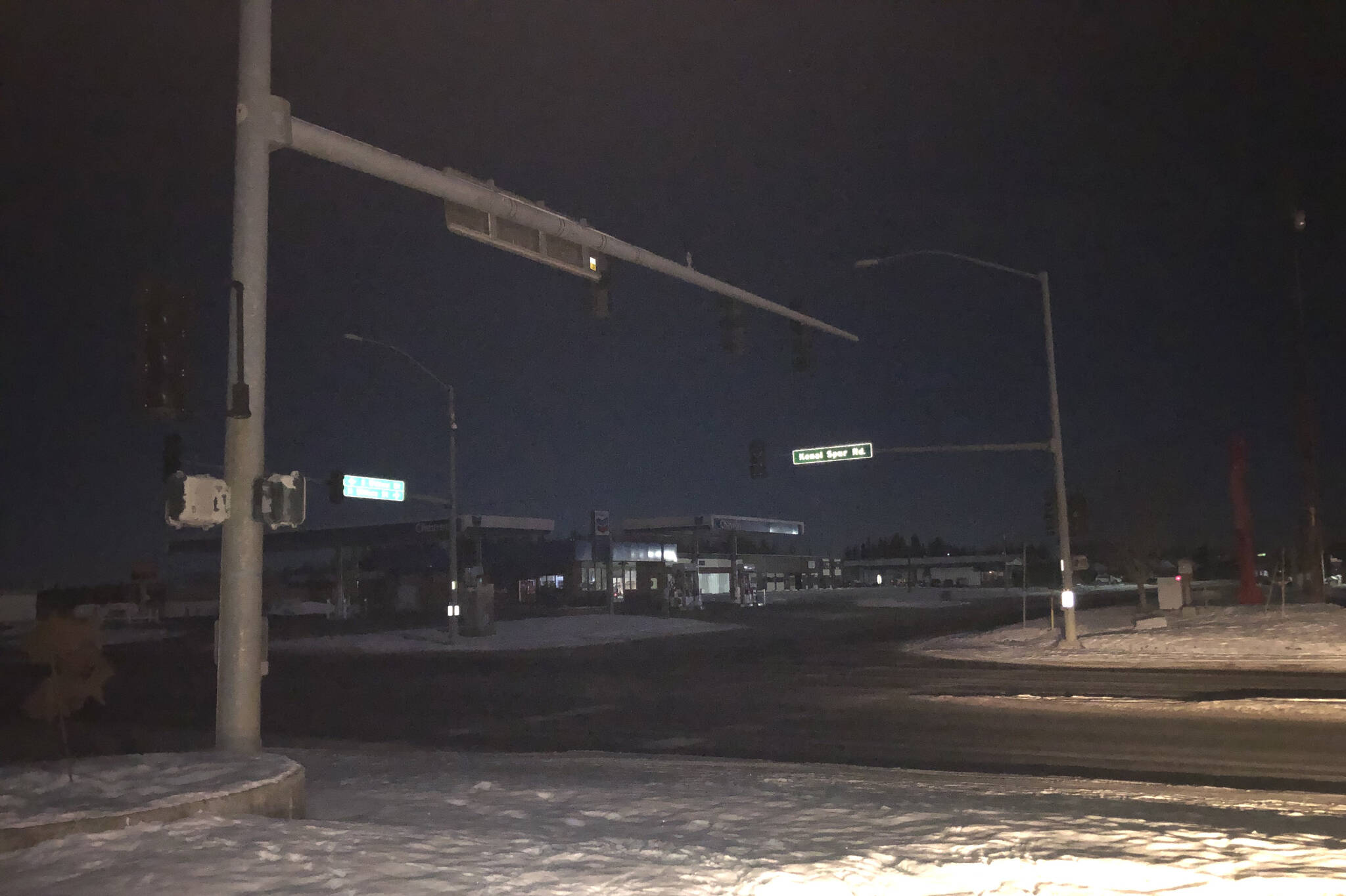 The intersection of Willow Street and the Kenai Spur Highway shows the stoplights were out Wednesday night as approximately 2,700 people experienced a Homer Electric Association power outage. (Camille Botello/Peninsula Clarion)