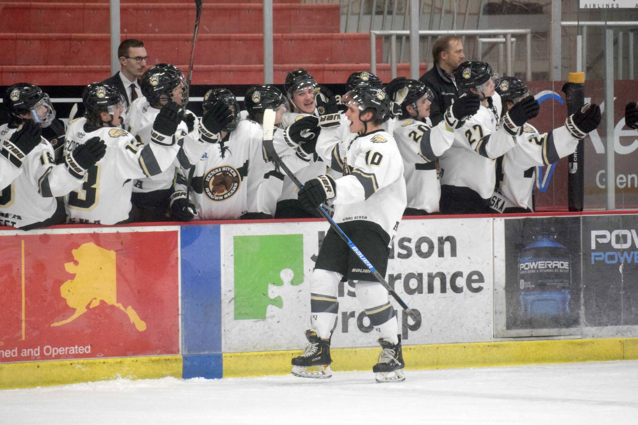 Caden Triggs of the Kenai River Brown Bears celebrates his first-period goal against the Springfield (Illinois) Jr. Blues on Thursday, Nov. 18, 2021, at the Soldotna Regional Sports Complex in Soldotna, Alaska. (Photo by Jeff Helminiak/Peninsula Clarion)