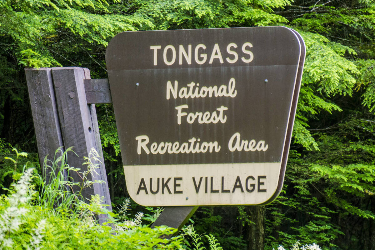 The Tongass National Forest sign stands near the Auke Village Recreation Area. (Michael Penn | Juneau Empire File)