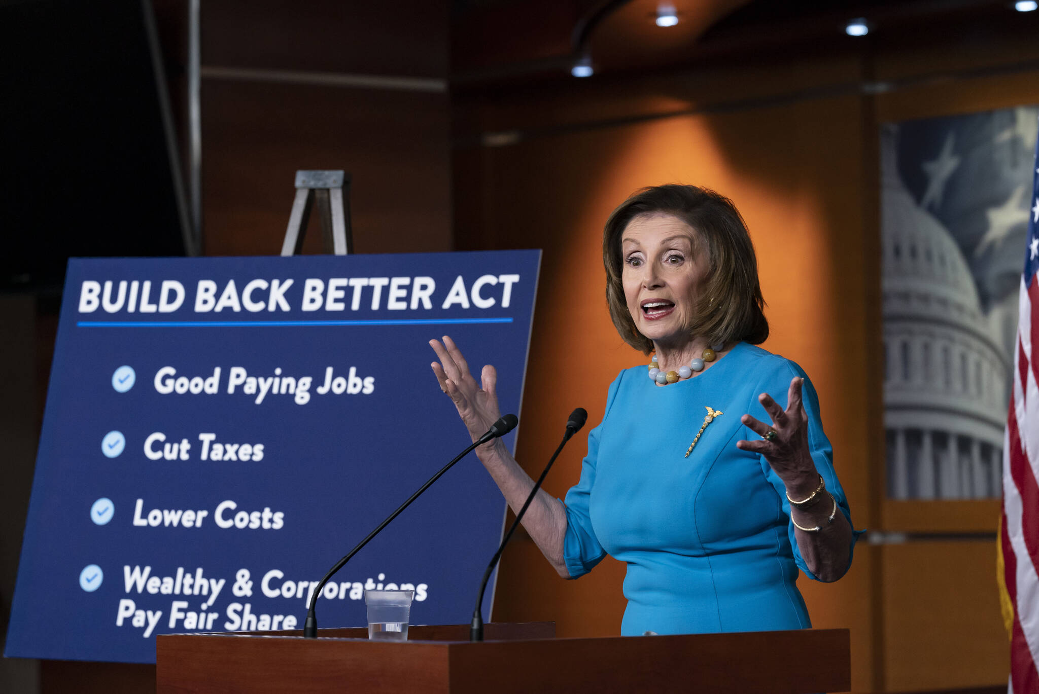 Speaker of the House Nancy Pelosi, D-Calif., talks to reporters about plans to pass President Joe Biden’s domestic agenda as the House meets to debate the Build Back Better Act, at the Capitol in Washington, Thursday, Nov. 18, 2021. (AP Photo/J. Scott Applewhite)