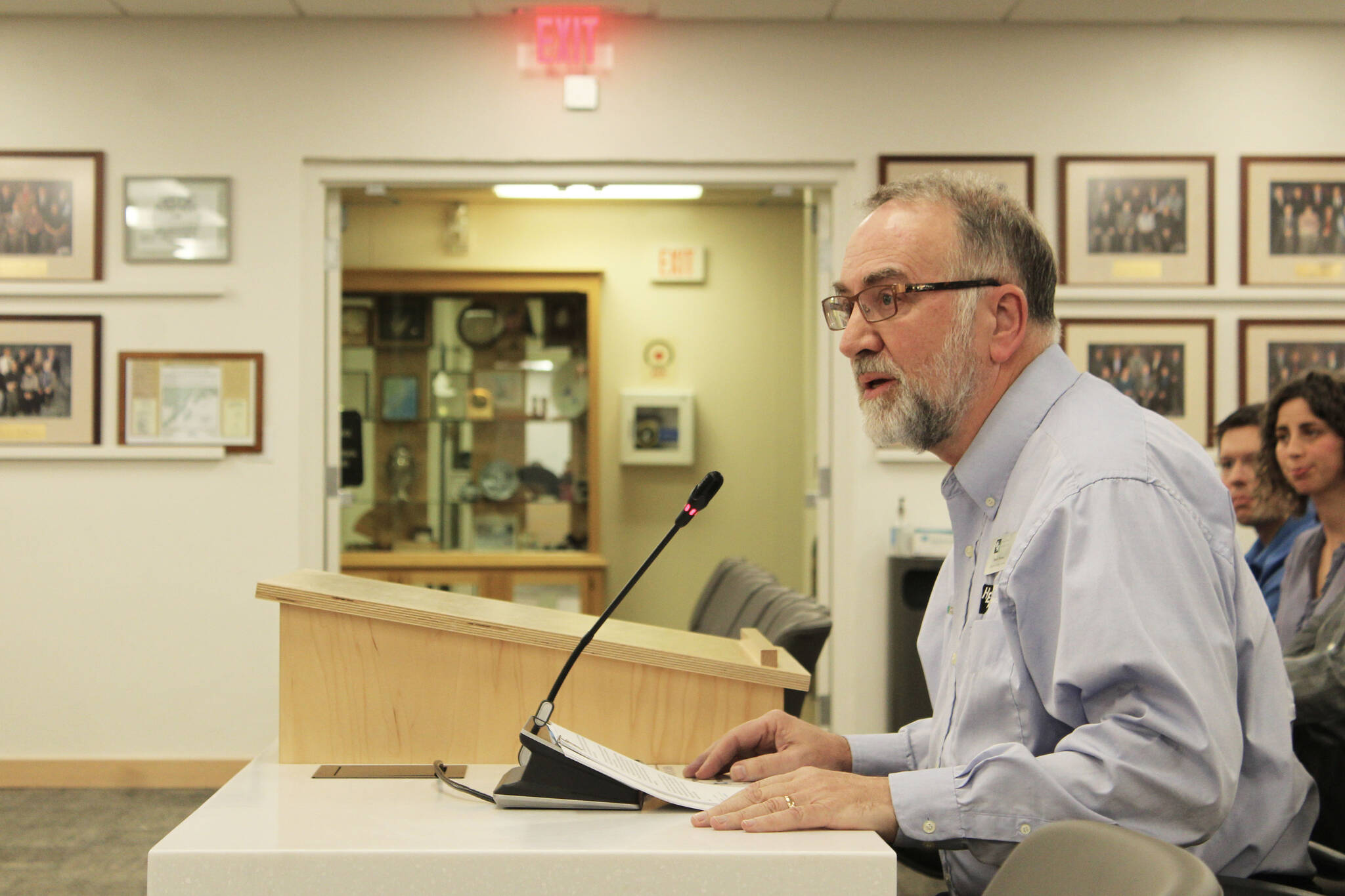 Ashlyn O’Hara/Peninsula Clarion 
Homer Electric Association Director of Strategic Services David Thomas testifies during a meeting of the Kenai Peninsula Borough Assembly on Oct. 12 in Soldotna.