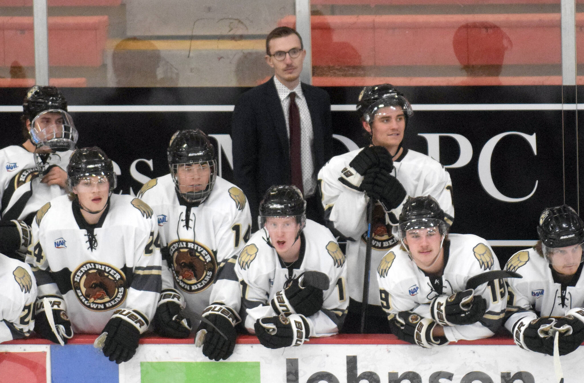 Assistant coach Taylor Shaw leads the Kenai River Brown Bears during a game Thursday, Nov. 18, 2021, against the Springfield (Illinois) Jr. Blues at the Soldotna Regional Sports Complex in Soldotna, Alaska. (Photo by Jeff Helminiak/Peninsula Clarion)