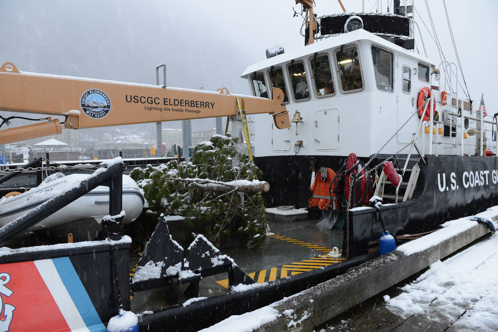 U.S. Coast Guard Cutter Elderberry carried the Together Tree, bound for the Alaska Governor’s Mansion, up from Wrangell where it was harvested after a brief delay due to some mechanical issues. (USCG photo / Petty Officer 2nd Class Lexie Preston)