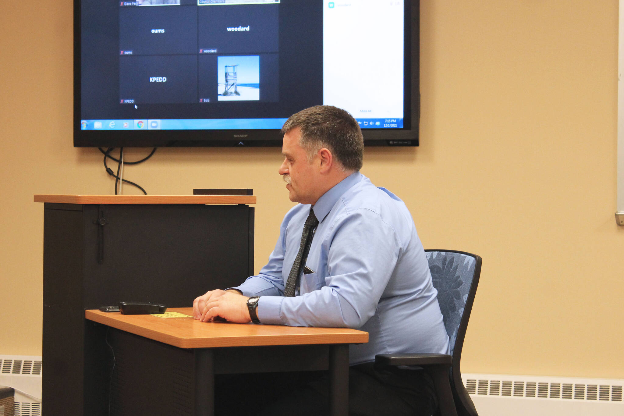 Kenai Police Department Chief David Ross explains the purpose of a grant to be used for new radios during a meeting of the Kenai City Council on Wednesday, Dec. 1, 2021 in Kenai, Alaska. (Ashlyn O’Hara/Peninsula Clarion)