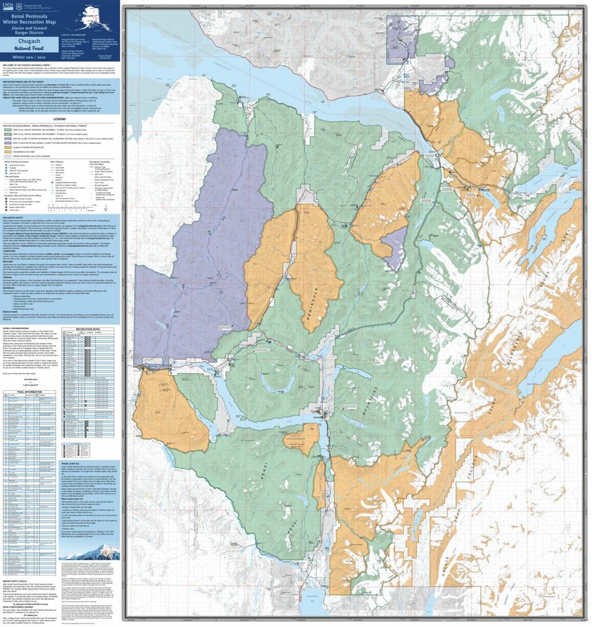 A map shows which parts of the Chugach National Forest are open to motorized winter recreation use for the 2021-2022 season. (Map courtesy of the U.S. Forest Service)