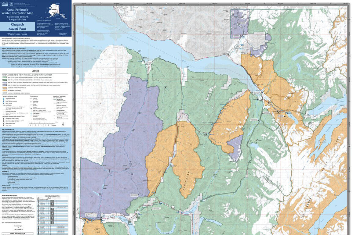 A map shows which parts of the Chugach National Forest are open to motorized winter recreation use for the 2021-2022 season. (Map courtesy of the U.S. Forest Service)