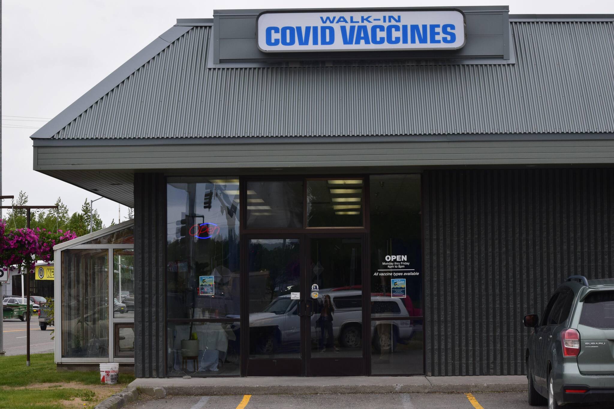 A clinic at the intersection of the Kenai Spur and Sterling Highways in Soldotna offers COVID-19 vaccines with no appointment necessary. (Camille Botello / Peninsula Clarion)