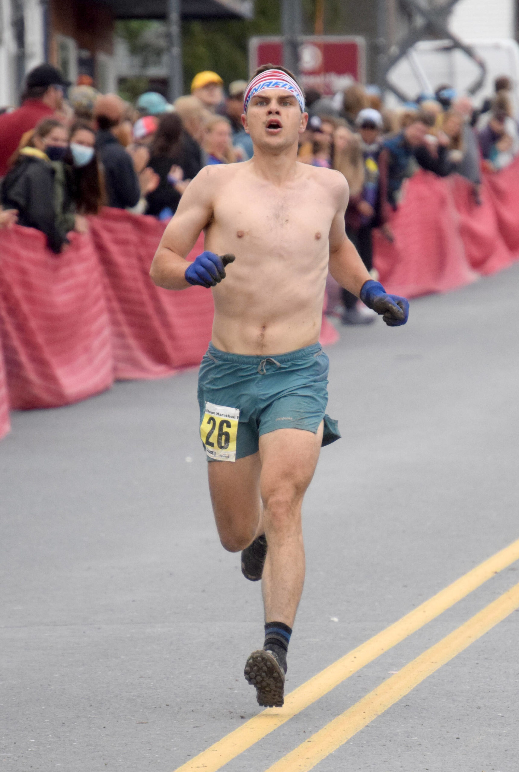 Soldotna’s Galen Hecht finishes 16th in the men’s Mount Marathon Race on Wednesday, July 7, 2021, in Seward, Alaska. (Photo by Jeff Helminiak/Peninsula Clarion)