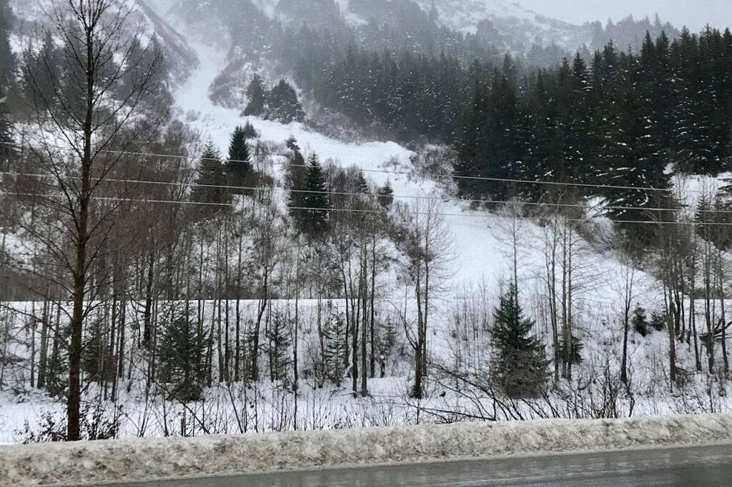 Debris from a large natural avalanche that occurred Monday, Dec. 6, can be seen along the Seward Highway. (Photo courtesy Chugach National Forest Avalanche Information Center)