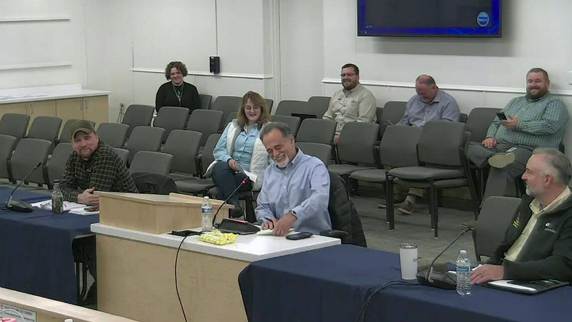 From left: State Rep. Ben Carpenter (R-Nikiski), State Sen. Peter Micciche (R-Soldotna) and State Rep. Ron Gillham (R-Kenai) meet for a work session with the Kenai Peninsula Borough School District Board of Education to discuss legislative priorities on Monday, Dec. 6, 2021 in Soldotna, Alaska. (Screenshot)