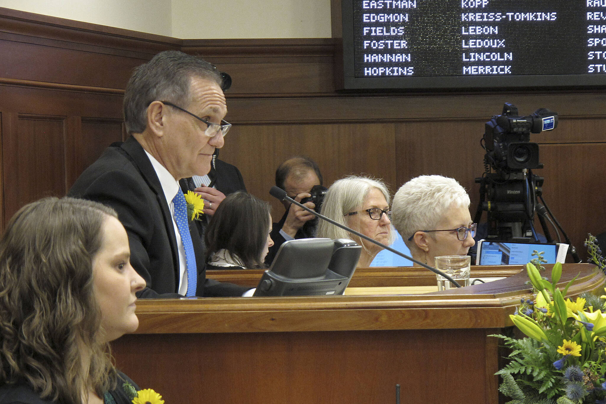 Alaska Lt. Gov. Kevin Meyer is seen on the floor of the Alaska House on Tuesday, Jan. 15, 2019, in Juneau, Alaska. Meyer, a Republican who oversees elections in Alaska, in November 2020, announced plans for a hand-count review of votes cast on a successful ballot initiative, which would change how elections in Alaska are conducted, casting the review as a way to calm questions that had been raised about the validity of election results. The Associated Press received emails on Nov. 30, 2021, hat were received by Meyer’s office with complaints or concerns about the election, more than a year after they were requested. (AP Photo/Becky Bohrer, File)