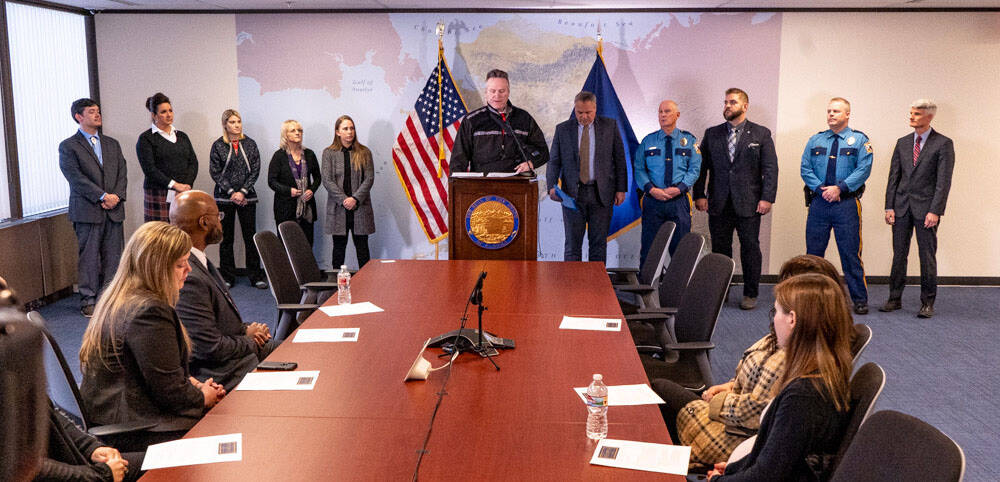 Gov. Mike Dunleavy unveils the “People First Iniative,” a sweeping effort to target domestic violence and sexual assault, missing and murdered Indigenous persons, human sex trafficking, foster care and homelessness, in a Tuesday, Dec. 14, 2021 press conference in Anchorage, Alaska. (Photo courtesy Office of the Governor)