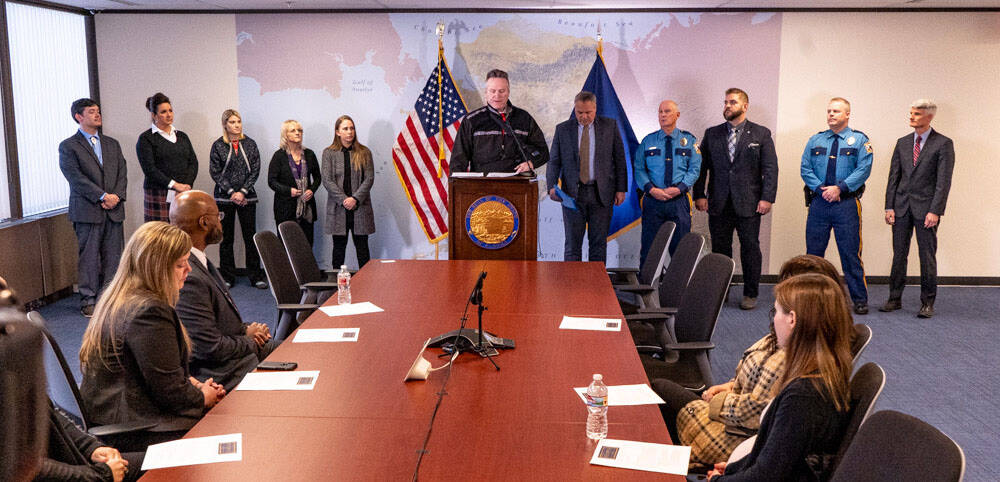 Gov. Mike Dunleavy unveils the “People First Iniative,” a sweeping effort to target domestic violence and sexual assault, missing and murdered Indigenous persons, human sex trafficking, foster care and homelessness, in a Tuesday, Dec. 14, 2021 press conference in Anchorage, Alaska. (Photo courtesy Office of the Governor)