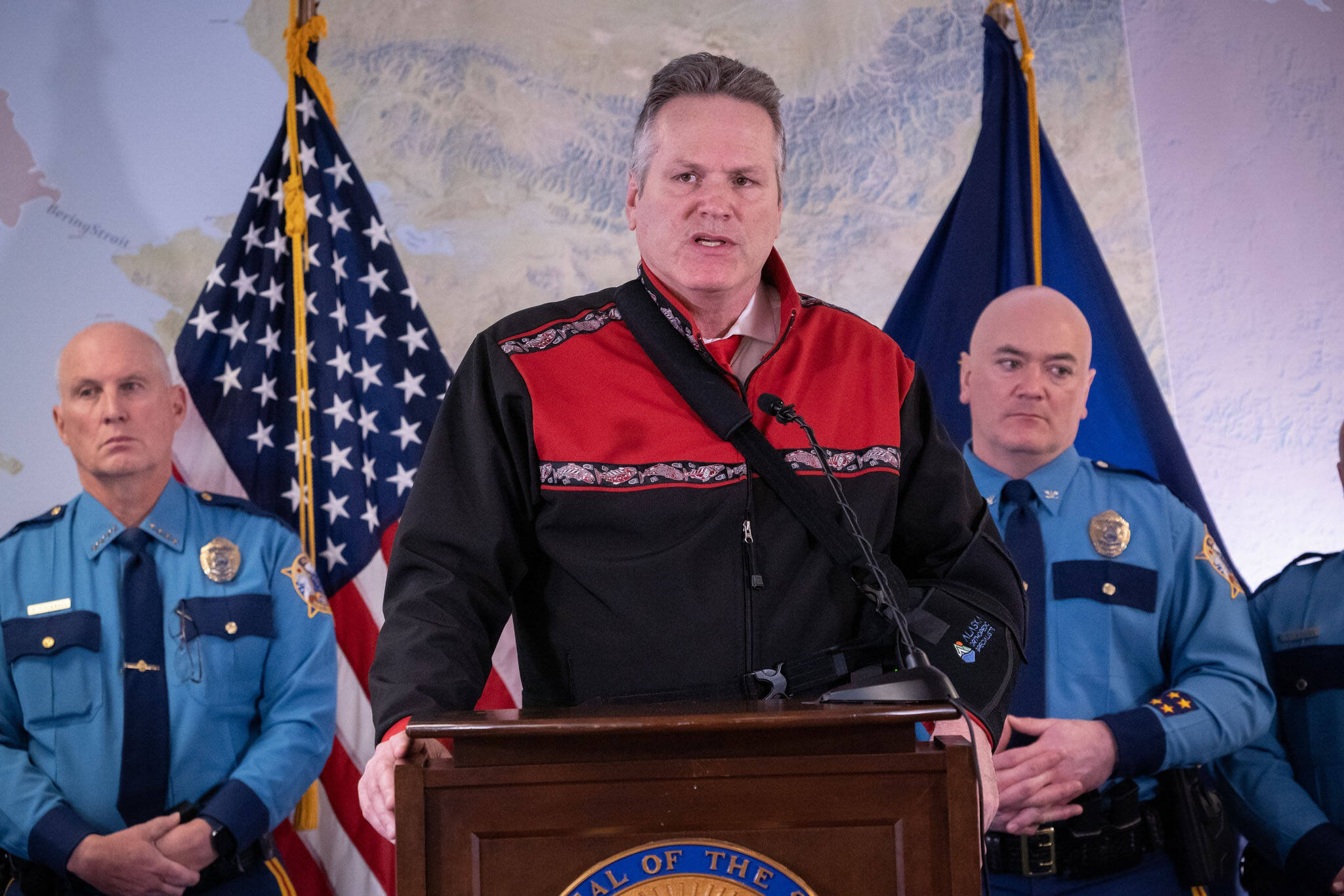 Alaska Gov. Mike Dunleavy speaks about the proposed State of Alaska fiscal year 2023 operating and capital budget on Wednesday, Dec. 15, 2021, in Anchorage, Alaska. (Photo courtesy Office of the Governor)