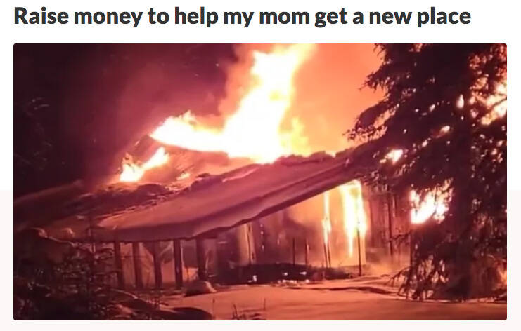 A GoFundMe page created to help Mathany Satterwhite after her house burned down features a photo of the log cabin on fire. (Screenshot)