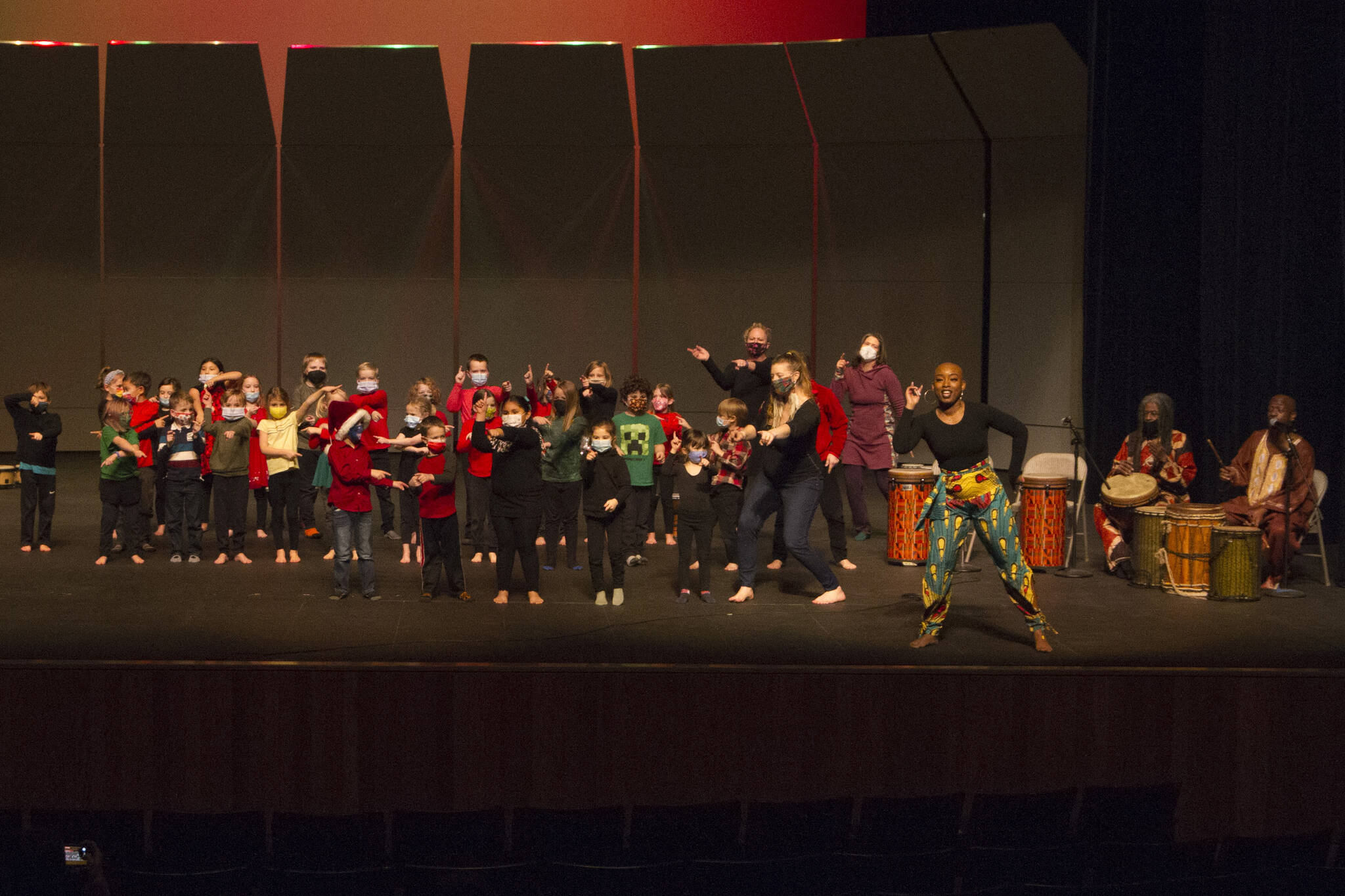 Little Fireweed students sing their welcome song during the Sankofa Dance Theater Alaska end of residency performance on Dec. 3. (Photo by Sarah Knapp/Homer News)