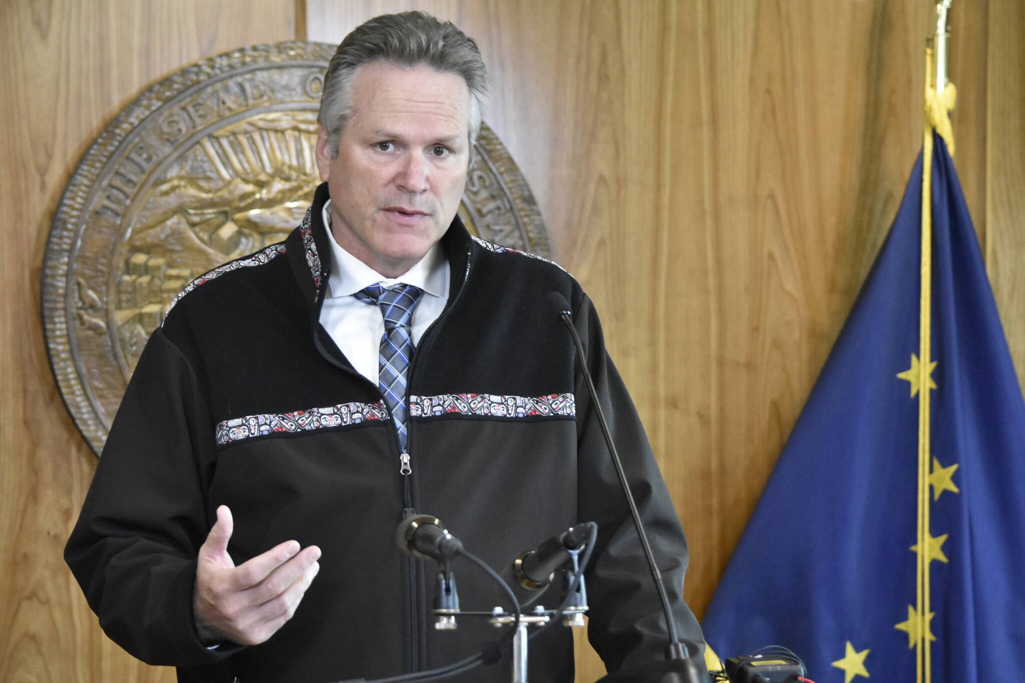 Gov. Mike Dunleavy is seen here at an Aug. 16, 2021 news conference. (Peter Segall / Juneau Empire file)