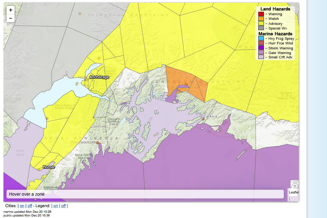 The National Weather Service has issued a winter weather advisory for the western Kenai Peninsula on Monday. (Screenshot)