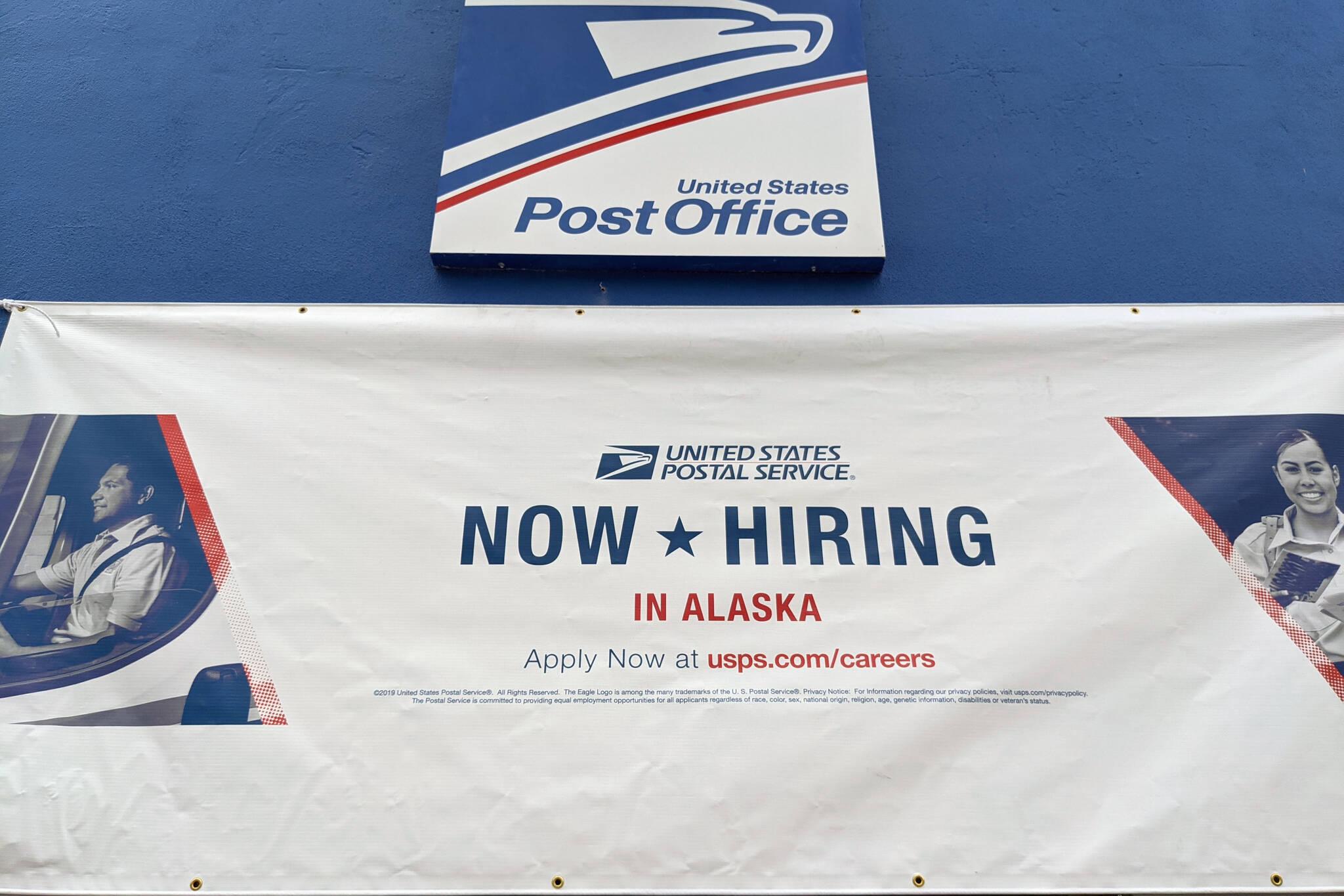 A sign advertising job openings is seen at the Soldotna Post Office on June 27, 2021 in Soldotna, Alaska. (Clarion file)