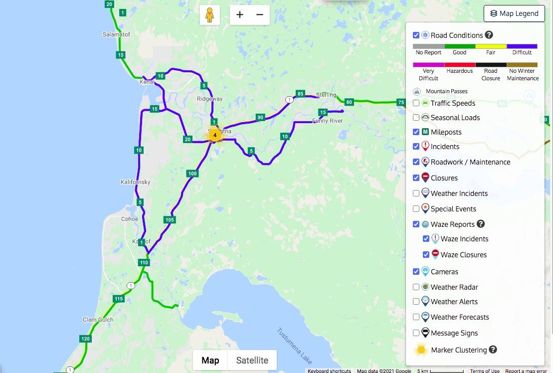A map shows the location of difficult road conditions on the central peninsula, as of 3 p.m. on Tuesday, Dec. 28, 2021. (Screenshot from Alaska 511)