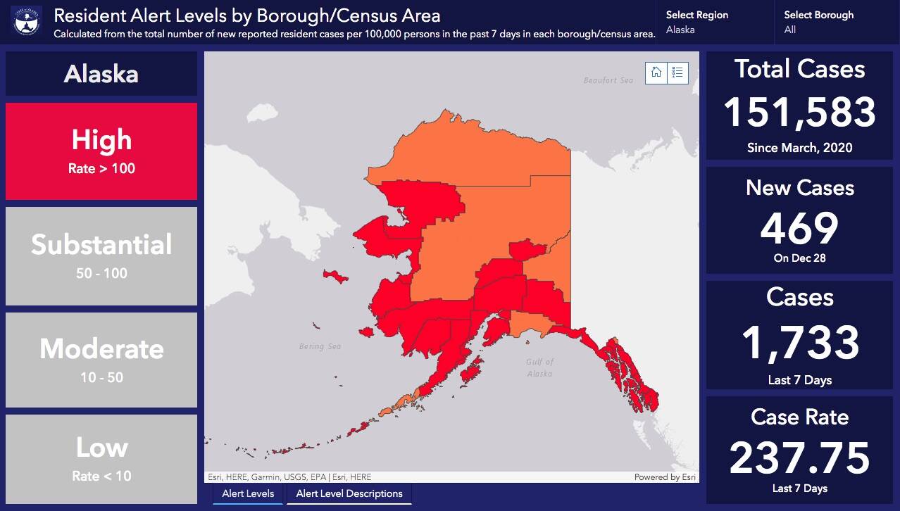 A map shows 7-day COVID-19 case rates per 100,000 people by borough and census area, as of Dec. 29. (Screenshot from Alaska Department of Health and Social Services)