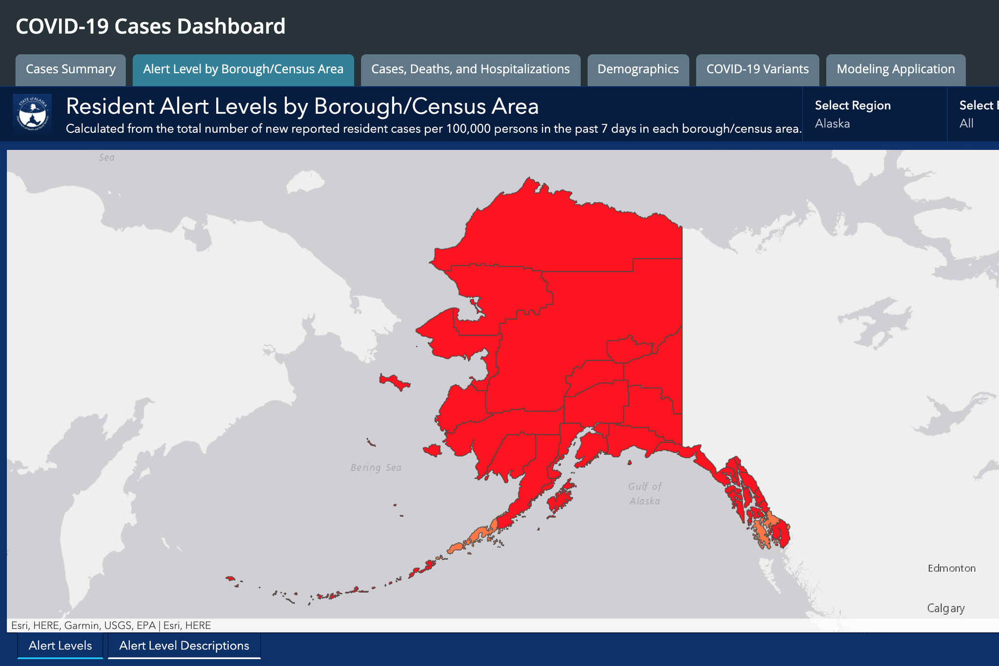 A DHSS graphic shows most regions of Alaska to be at high alert level as of Monday, Jan. 3, 2022. (Screenshot)