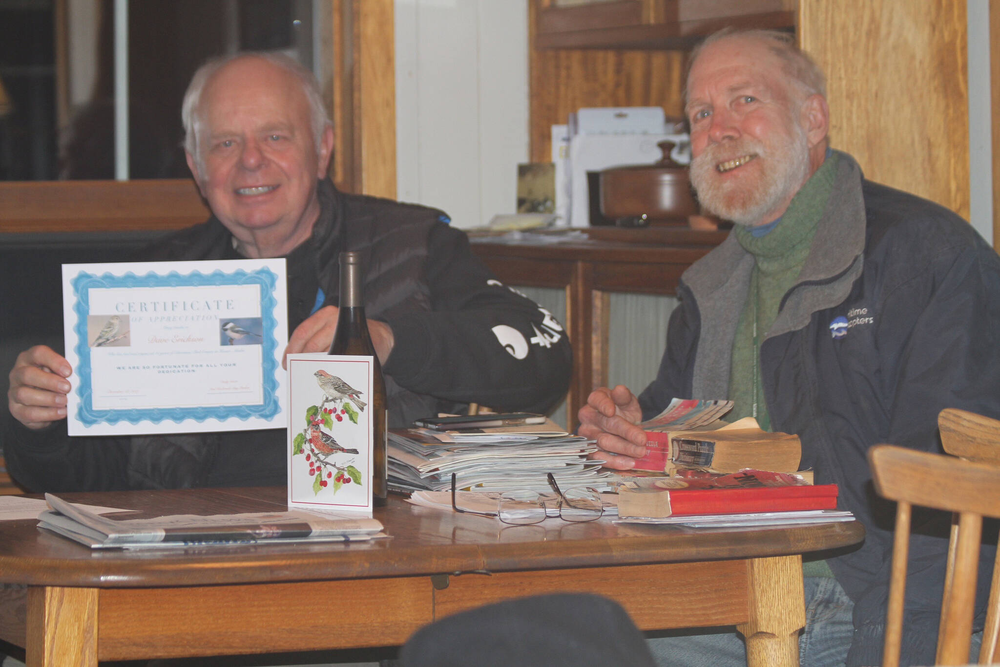 The Kachemak Bay Birders presented Dave Erikson with a certificate of recognition and appreciation for his 45 years of service to the Homer Christmas Bird Count. Erikson is pictured with Jim Herbert of the Kachemak Bay Birders. (Photo by Tim Quinn)