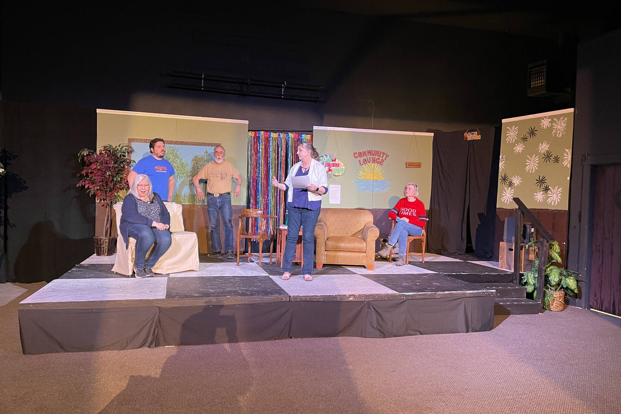 From left: Yvette Tappana, Rob Lewis, Allen Auxier, Donna Shirnberg and Terri Zopf-Schoessler perform in the Kenai Performers production “The Old People Are Revolting” on Tuesday, Jan. 11, 2022, in Soldotna, Alaska. (Photo courtesy Donna Shirnberg)