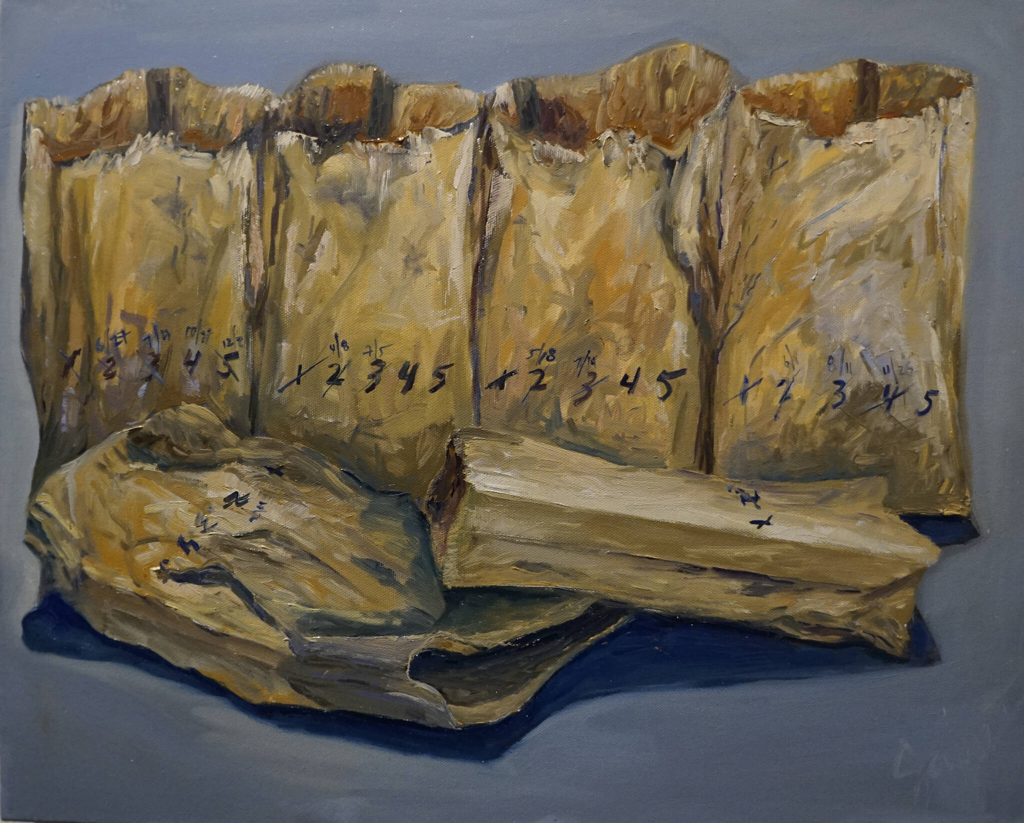 “Paper Bag System” is one of the paintings in Dr. Sami Ali’s exhibit, “The Mind of a Healthcare Worker During the COVID-19 Pandemic,” showing in January 2022 at the Homer Council on the Arts in Homer, Alaska. The painting shows the system healthcare workers used to rotate used face masks during the early days when they had shortages. (Photo by Michael Armstrong/Homer News)