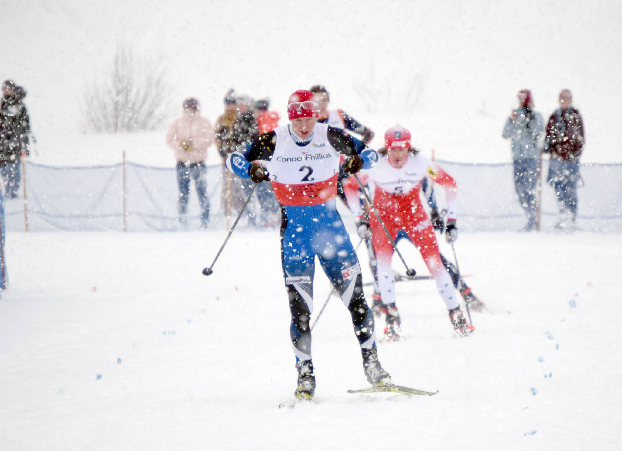 Karl Danielson, a graduate of Kenai Central currently skiing for Alaska Pacific University, wins the Under-16 and over sprint at Besh Cup 3 on Saturday, Jan. 15, 2022, at Tsalteshi Trails just outside of Soldotna, Alaska. (Photo by Jeff Helminiak/Peninsula Clarion)