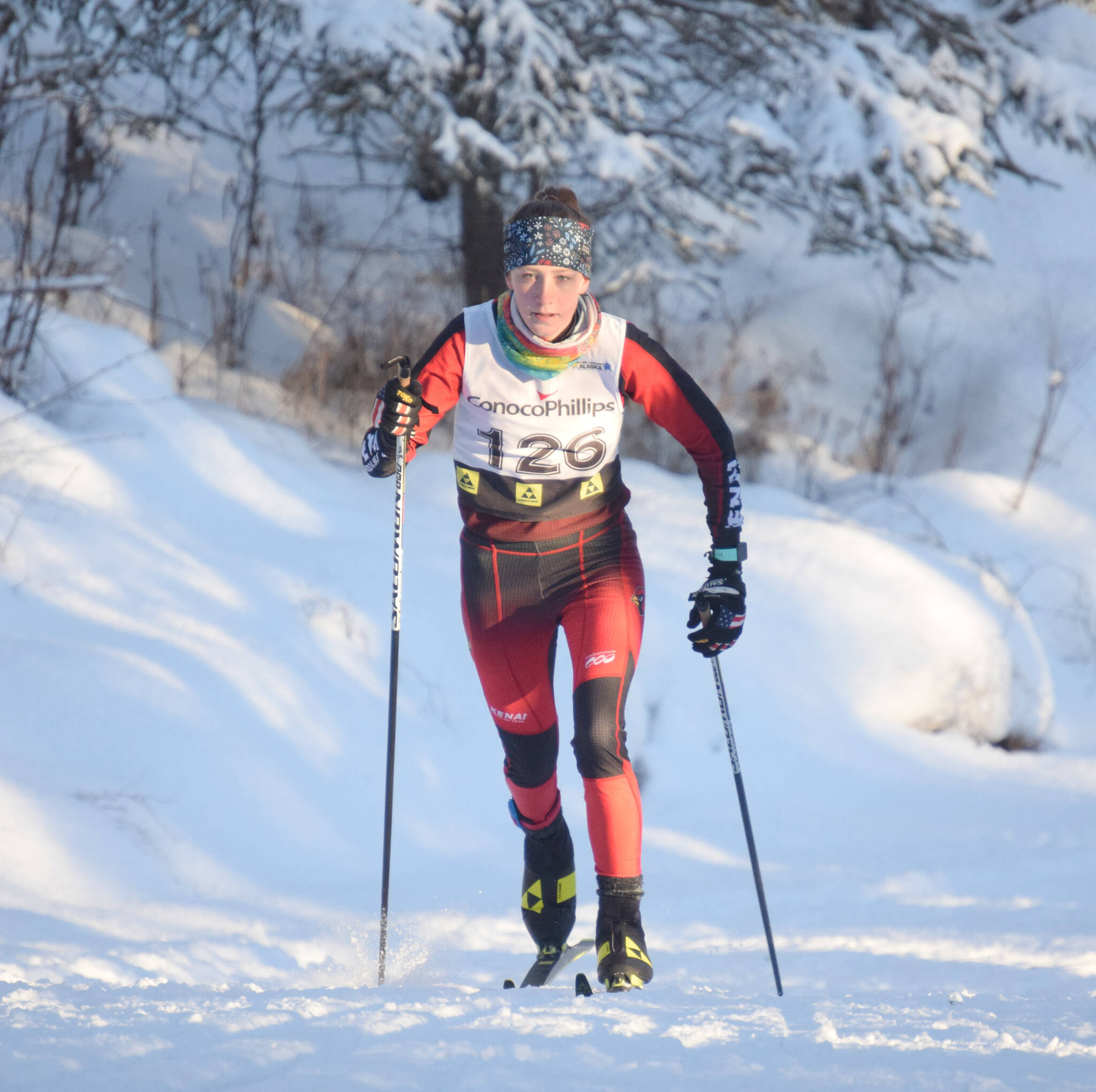 Kenai Central’s Jayna Boonstra competes at Besh Cup 4 on Sunday, Jan. 16, 2022, at Tsalteshi Trails just outside of Soldotna, Alaska. (Photo by Jeff Helminiak/Peninsula Clarion)