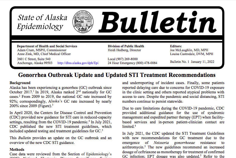 A State of Alaska epidemiology bulletin can be found at https://dhss.alaska.gov/dph/Epi/pages/default.aspx.