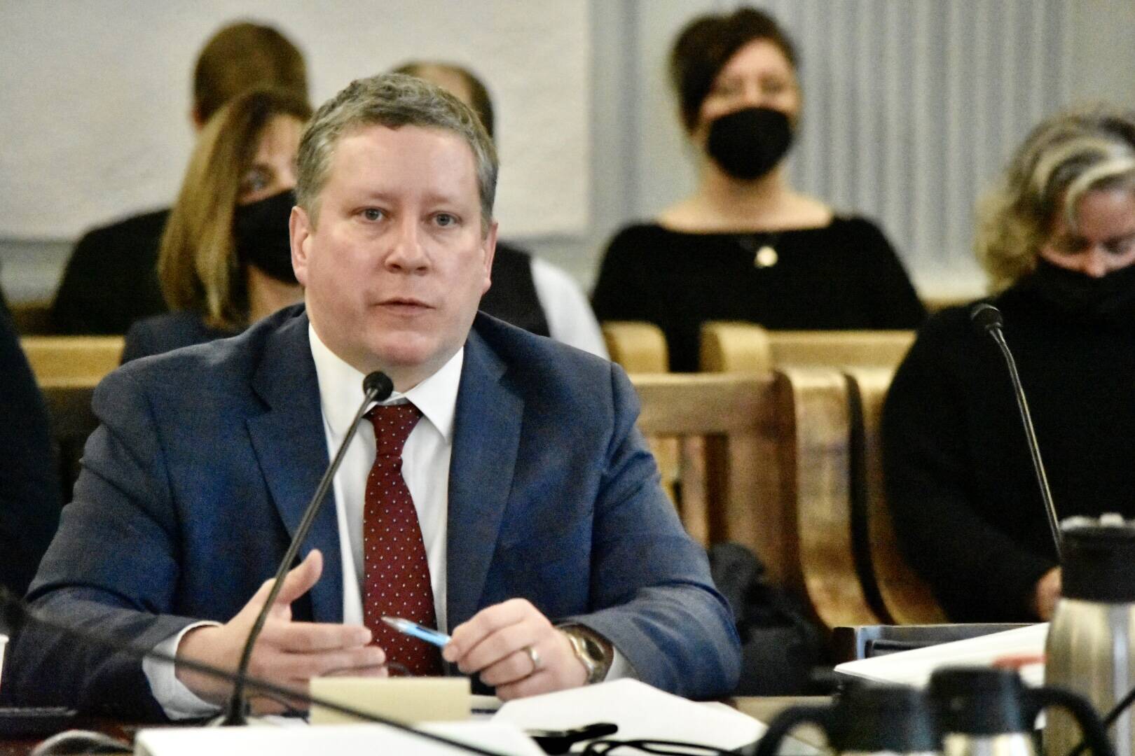 Chair of the Alaska Permanent Fund Corporation Board of Trustees Craig Richards answers questions from the bicameral Legislative Budget and Audit Committee on Tuesday, Jan. 17, 2022. The committee called Richards and other members of the board to answer questions about the December firing of APFC CEO Angela Rodell, who has claimed her termination was politically motivated. (Peter Segall / Juneau Empire)