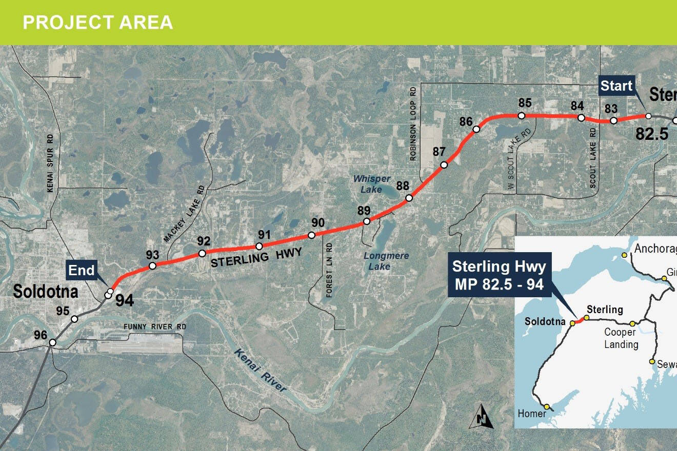 A map shows the location of a safety corridor project along the Sterling Highway between Sterling and Soldotna. (Photo courtesy of DOT&PF)