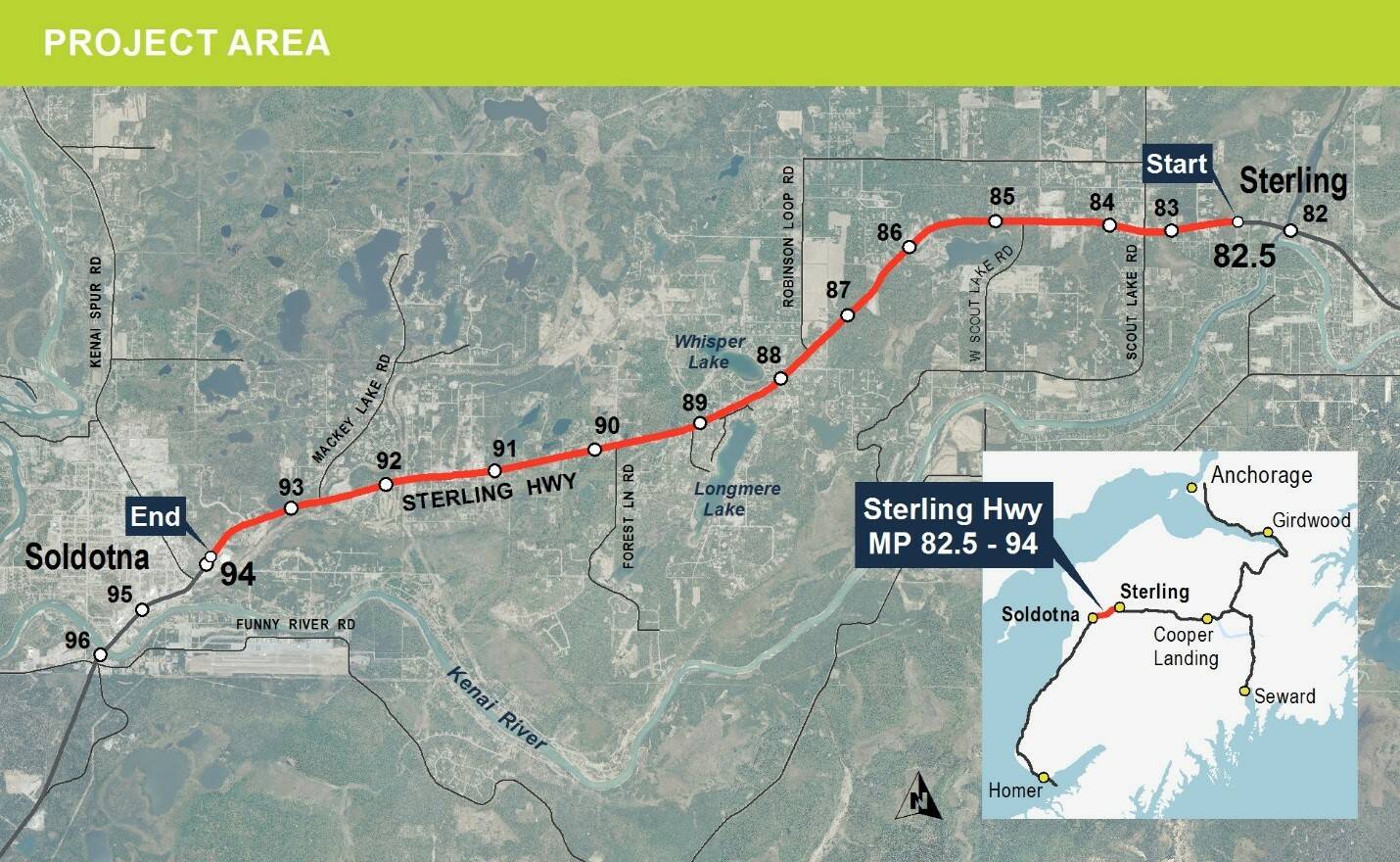 A map shows the location of a safety corridor project along the Sterling Highway between Sterling and Soldotna. (Photo courtesy of DOT&PF)