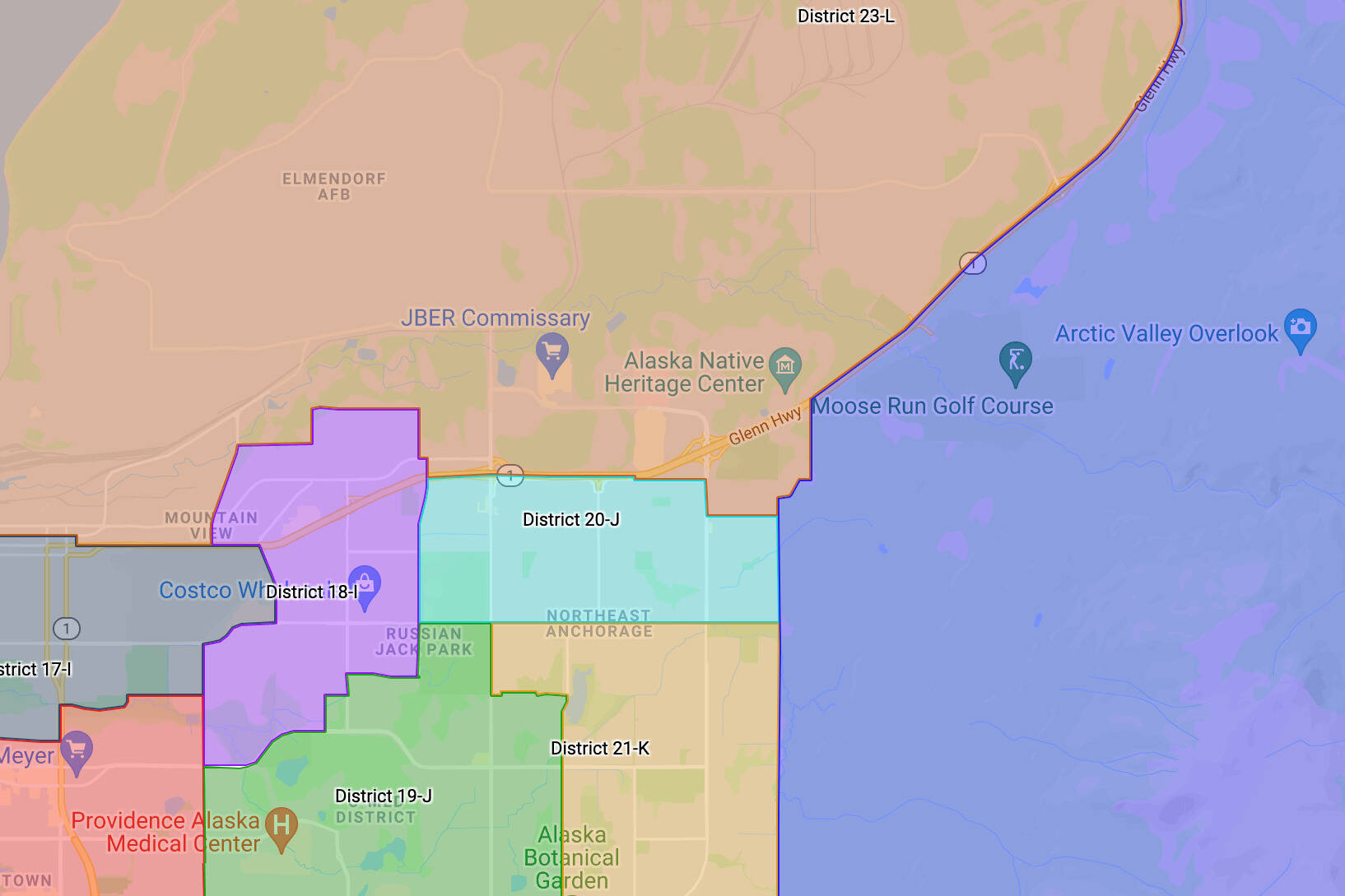 The Alaska Redistricting Board’s decision to pair District 21 (teal) and District 22 (purple) into one senate district is the subject of a lawsuit from East Anchorage residents of District 21. An Anchorage Superior Court heard the first arguments in that case on Friday, Jan. 21, 2022, part of several lawsuits against the Redistricting Board that have been consolidated into a single case. (Screenshot / Alaska Redistricting Board)