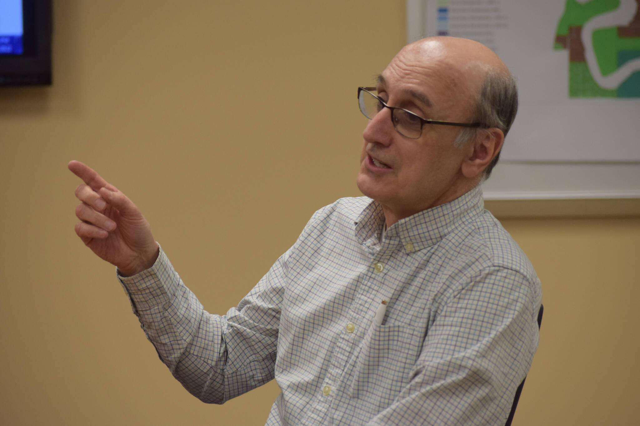 Joe Rizzo, Triumvirate Theatre executive director, testifies at the Kenai City Council on Wednesday, Jan. 19, 2022 in Kenai, Alaska. (Camille Botello/Peninsula Clarion)