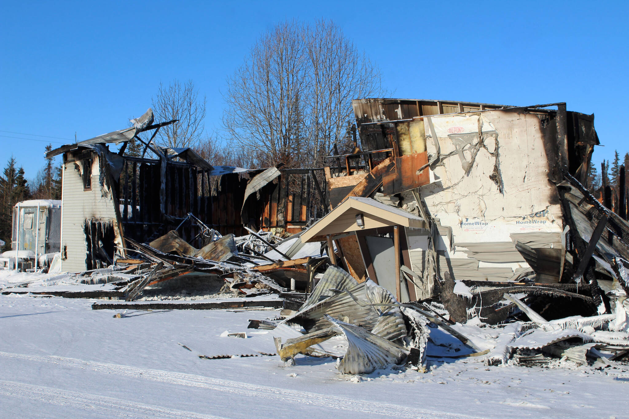 Triumvirate Theatre is seen on Monday, Feb. 22, 2021 in Nikiski, Alaska. The building burned in a fire on Feb. 20. (Ashlyn O’Hara/Peninsula Clarion)