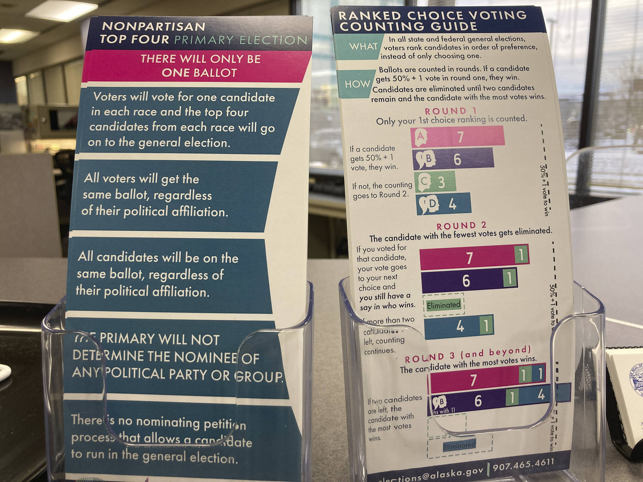 Brochures are displayed at the Alaska Division of Elections office in Anchorage, Alaska, detailing changes to elections this year on Jan. 21, 2022. Alaska elections will be held for the first time this year under a voter-backed system that scraps party primaries and sends the top four vote-getters regardless of party to the general election, where ranked choice voting will be used to determine a winner. No other state conducts its elections with that same combination. (AP Photo/Mark Thiessen)