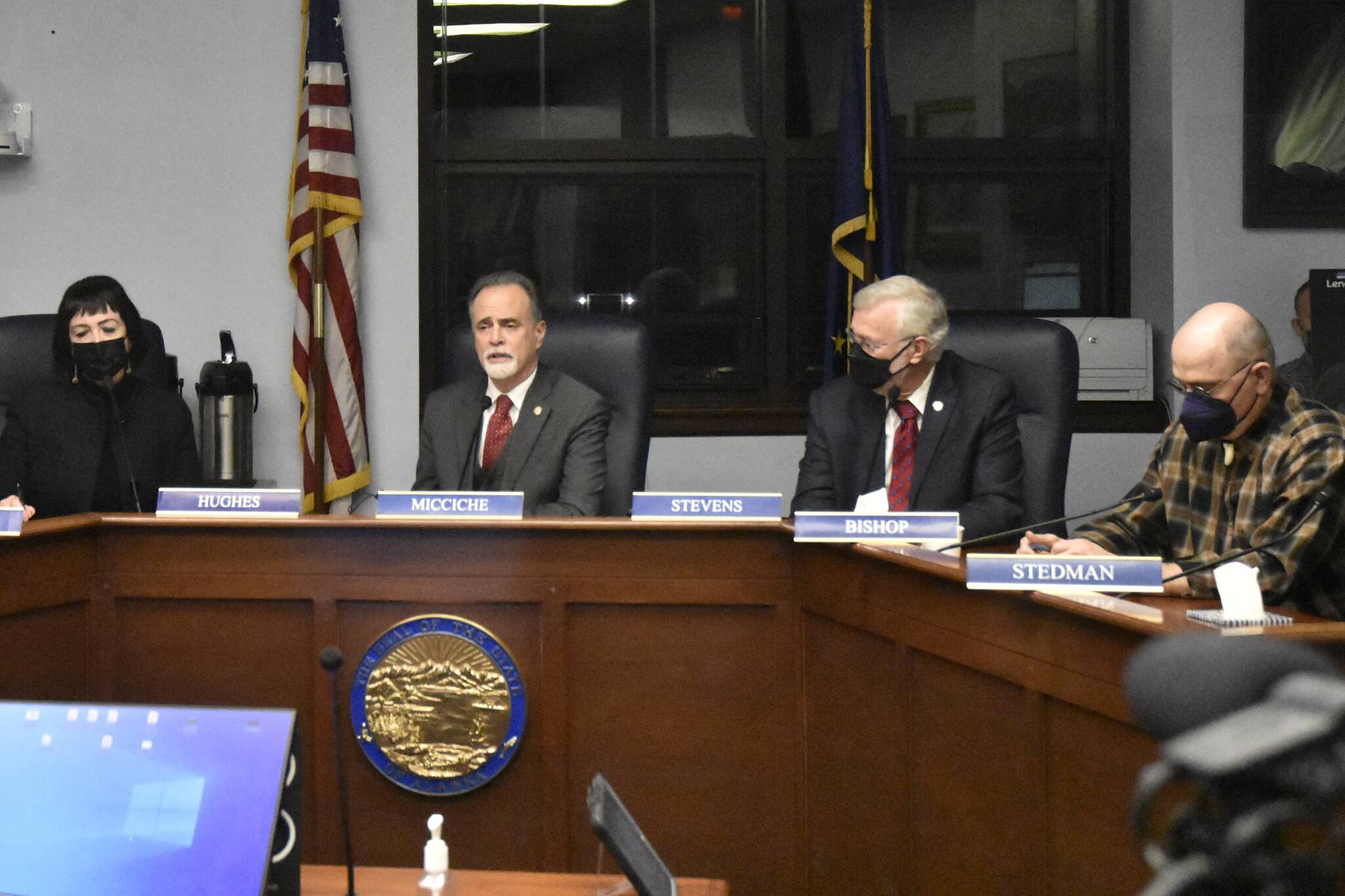 Sen. Shelley Hughes, R-Palmer; Senate President Peter Micciche, R-Soldotna; Sen. Gary Stevens, R-Kodiak and Sen. Click Bishop, R-Fairbanks, spoke to reporters Tuesday, Jan. 25, 2022, immediately following Gov. Mike Dunleavy’s State of the State address. Members of the Senate Republican leadership said they appreciated the governor’s optimism, and hoped it signaled a better relationship between the administration and the Legislature. (Peter Segall / Juneau Empire)