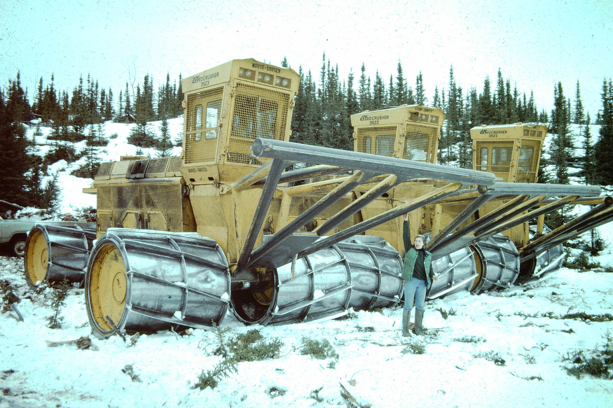 The Kenai National Moose Range’s three LeTourneau crushers off of Mystery Creek Road, March 14, 1978. (Photo provided by USFWS)