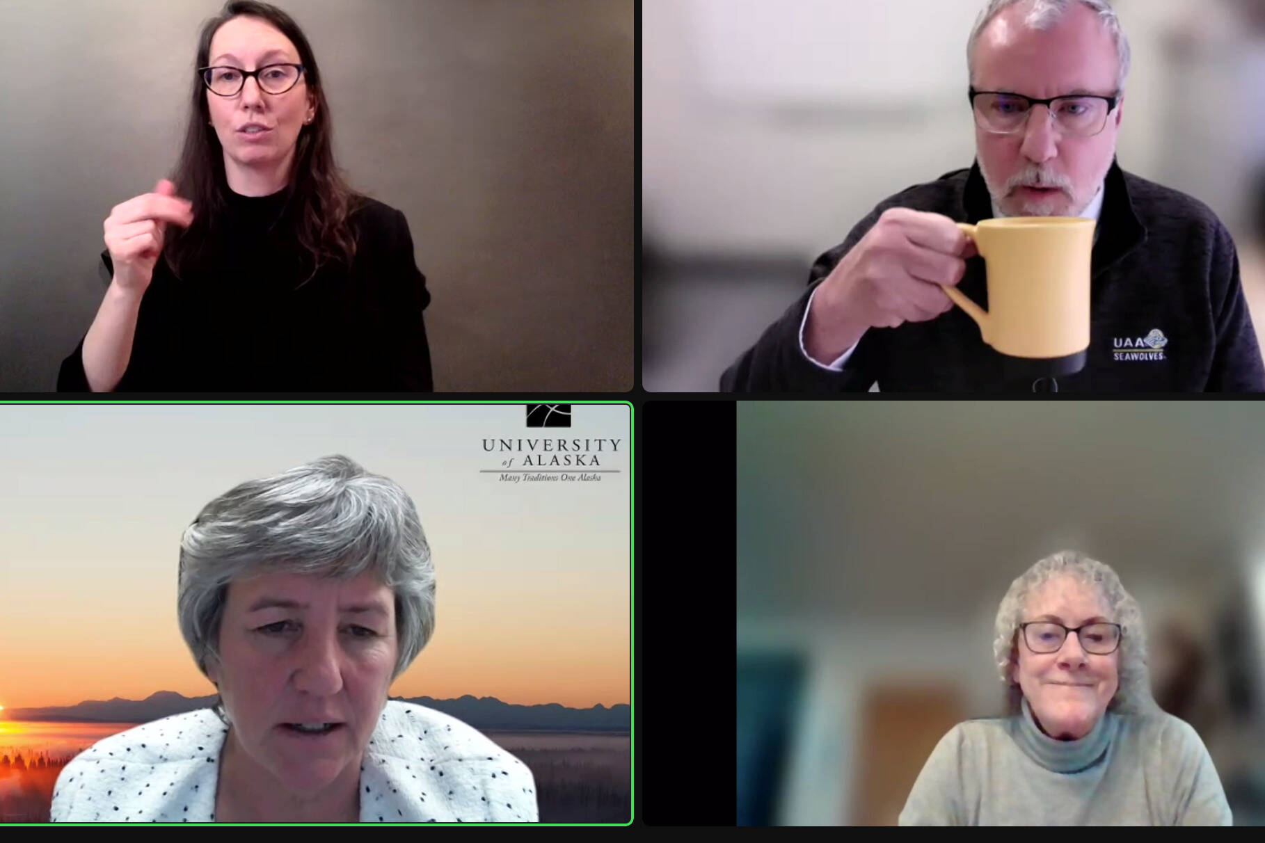 University of Alaska Interim President Pat Pitney, bottom left, spoke to UA students in a virtual forum on Thursday, Jan. 27, 2022, and was joined by several UA administrators including UA Southeast President Karen Carey, bottom left, and UA Anchorage Vice Chancellor Bruce Schultz, top left. At top right, an American Sign Language professional provides translation services. (Screenshot)