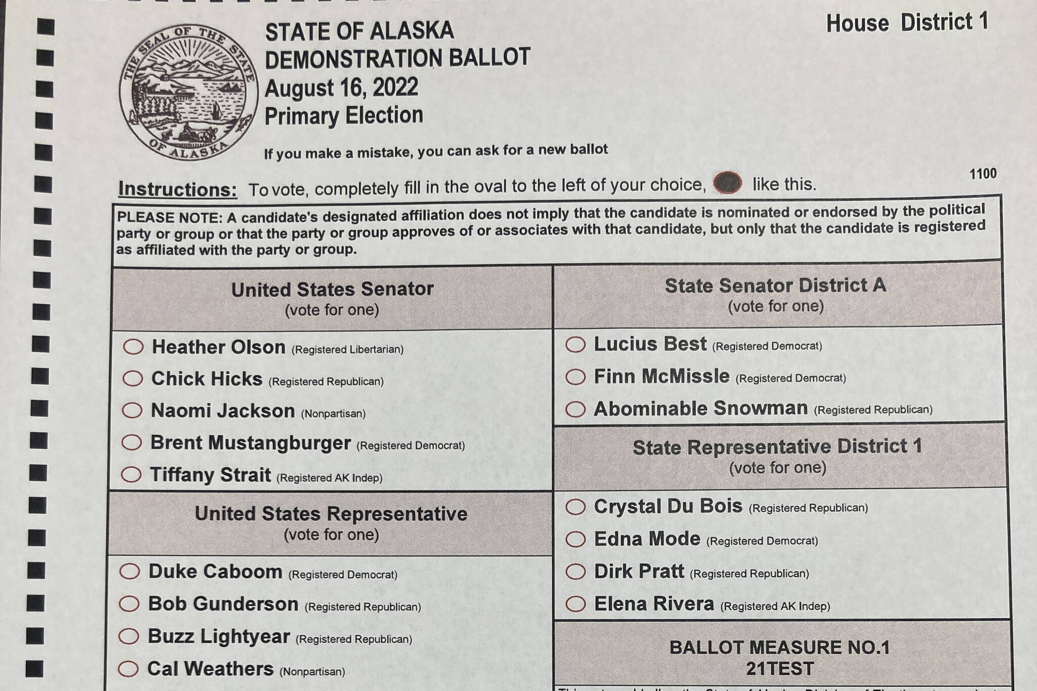 Shown is a primary demonstration ballot at the Alaska Division of Elections office in Anchorage, Alaska on Jan. 21, 2022. Alaska elections will be held for the first time this year under a voter-backed system that scraps party primaries and sends the top four vote-getters regardless of party to the general election, where ranked choice voting will be used to determine a winner. No other state conducts its elections with that same combination. (AP Photo/Mark Thiessen)