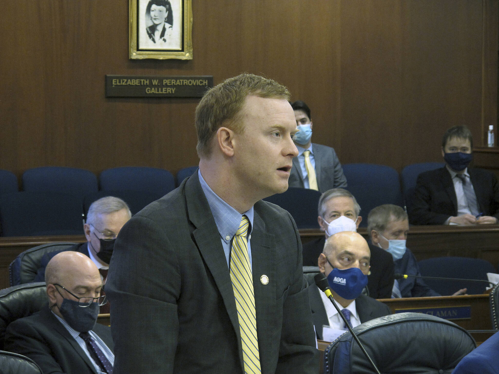 Alaska Republican state Rep. David Eastman speaks on the floor of the Alaska House on Monday, Jan. 31, 2022, in Juneau, Alaska. The Alaska House tabled action Monday on a proposal to remove from legislative committees Eastman, who has said he joined the Oath Keepers far-right organization years ago. The House Committee on Committees voted 5-2 to remove Republican Rep. Eastman of Wasilla from his committee assignments, said Joe Plesha, communications director for the House’s bipartisan majority. (AP Photo/Becky Bohrer)