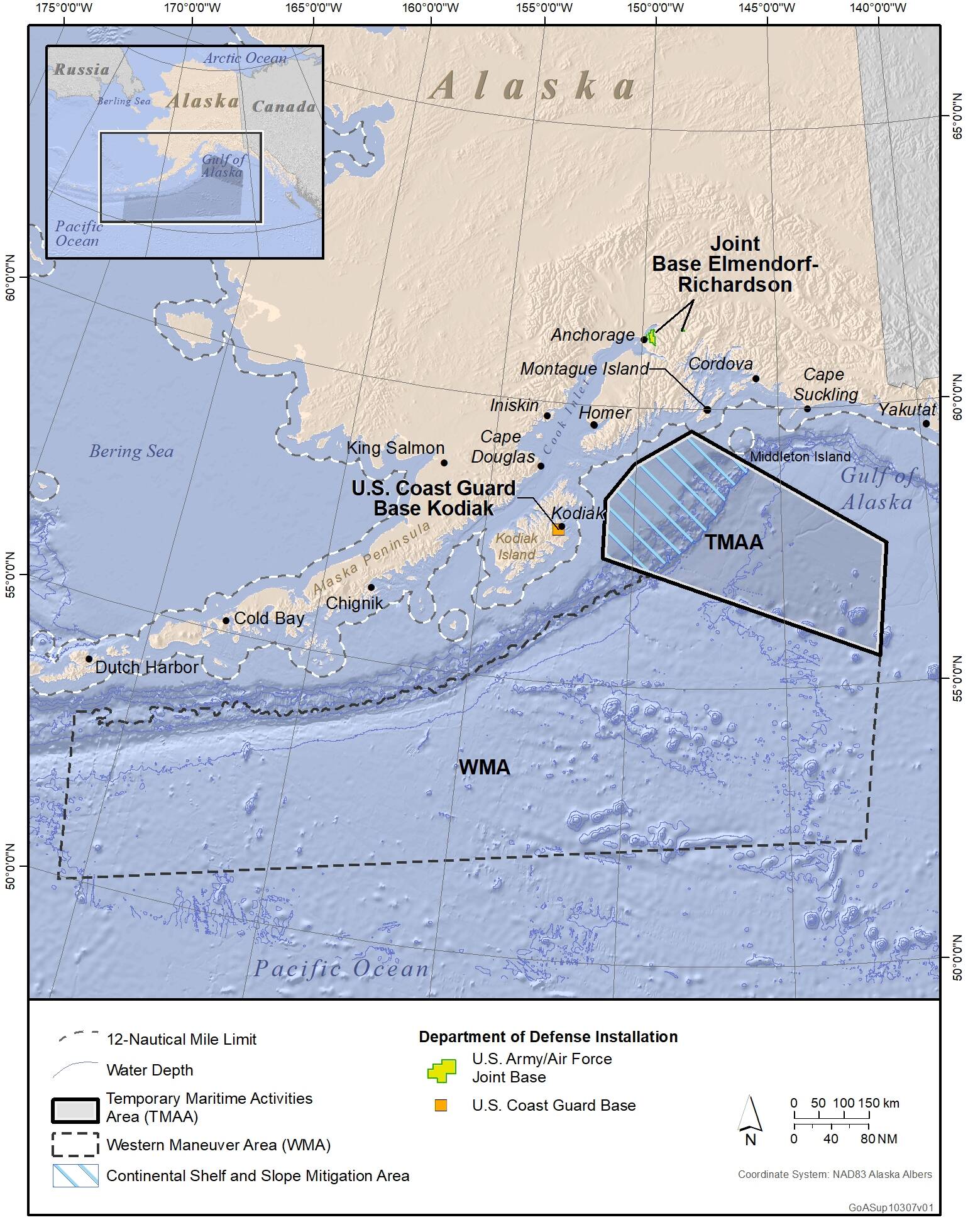 Courtesy art / U.S. Navy
The Navy is proposing to considerably expand the maneuver space for warship and aircraft operations in the Gulf of Alaska while at the same time limiting the use of explosive munitions in the coastal waters in a proposal coming up for public comment in the spring of 2022.